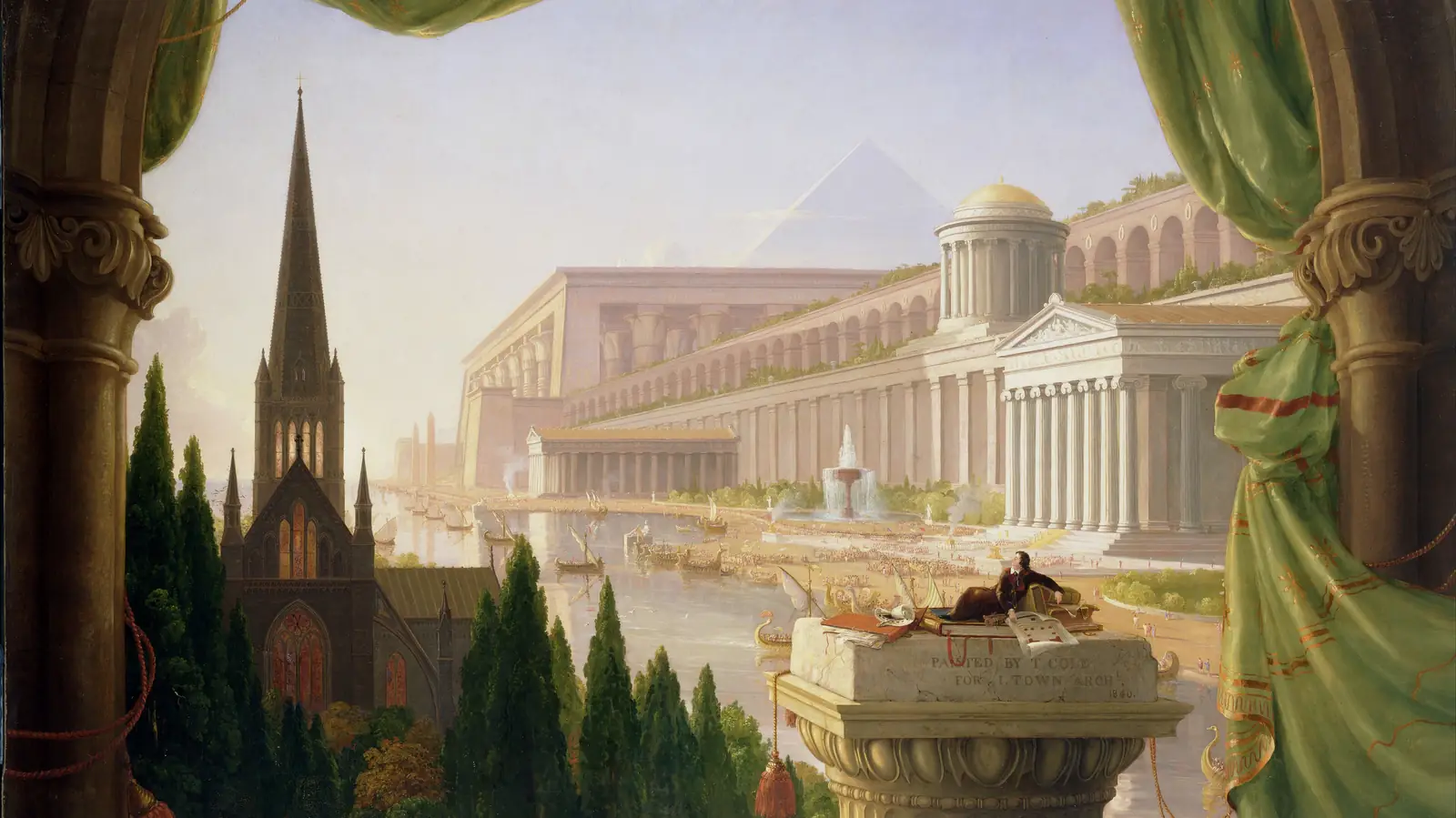 Pintura de Thomas Cole, O sonho do arquiteto: um arquiteto deitado no alto de uma coluna diante de uma cidade de templos, catedral e pirâmide